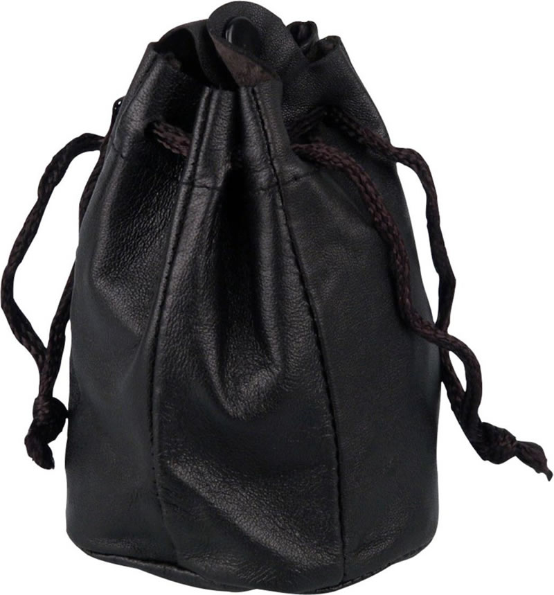 Drawstring Pouch; Lined; Stud closure; Black leather