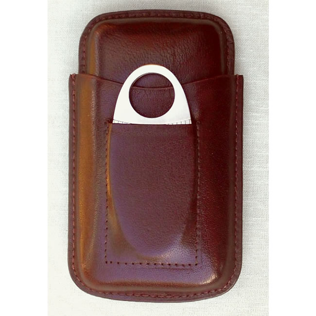 Case for 2 Robusto cigars Firm brown Leather, Cutter pocket