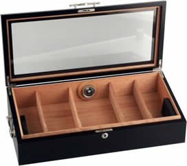 Black humidor with glass lid, lock and handles