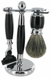 Shaving brush set with razor; Black handles, chrome stand